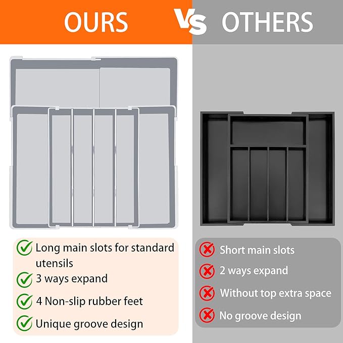 Large Kitchen Silverware Organizer - Expandable 17.2" x 17.9" Adjustable Drawer Tray, 4-7 Compartments for Maximum Storage, BPA-Free, Grey,L