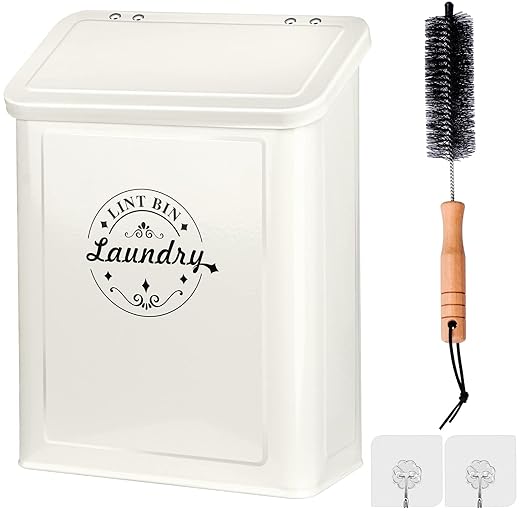 Magnetic Lint Bin for Laundry Room Organization and Storage with Brush, Wall-Mounted Dryer Lint Bin for Room Decor, Space-Saving Trash Can (Cream)