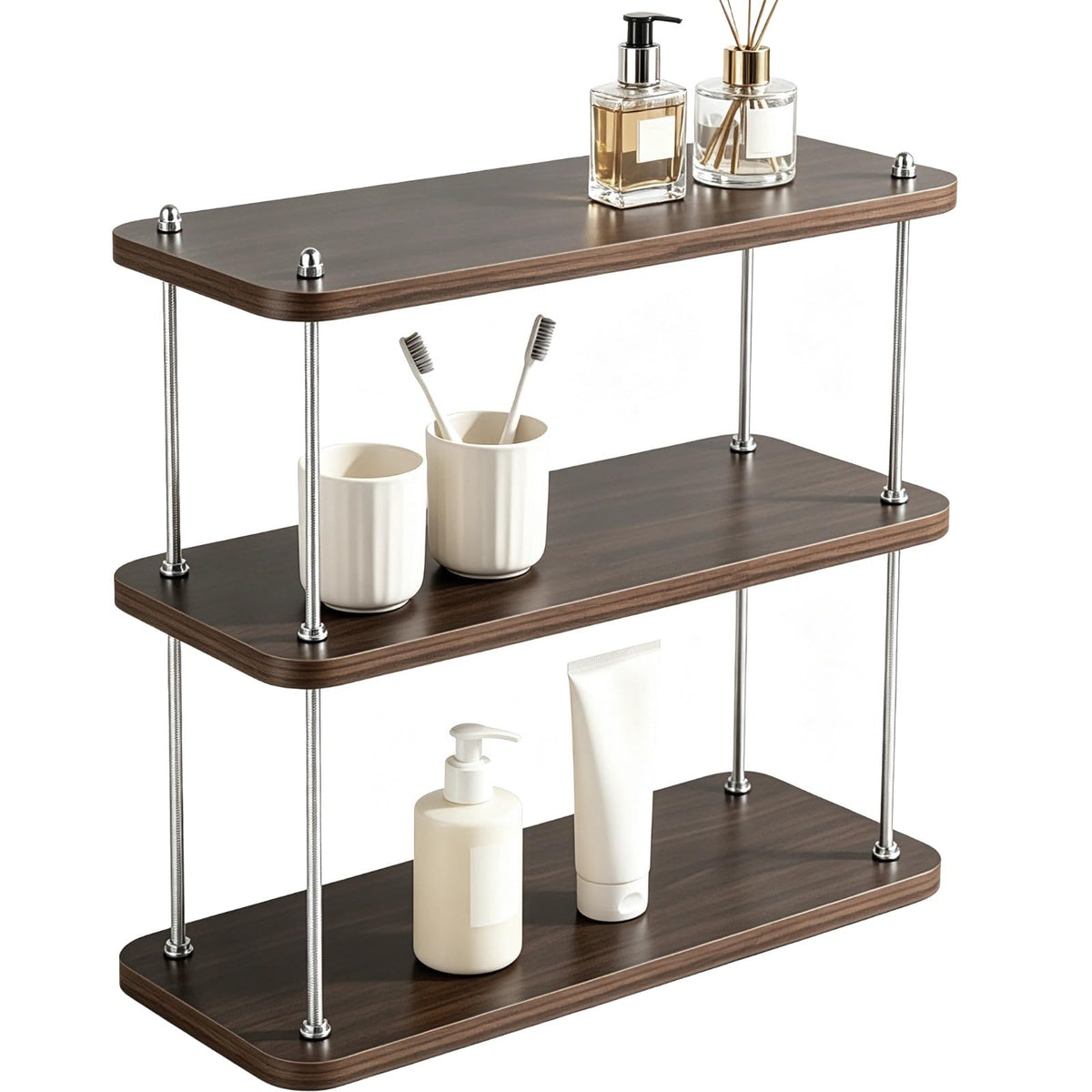 3 Tier Bathroom Countertop Organizer Shelf, Wooden Narrow Storage - Image 1