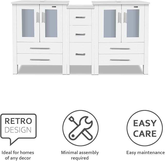 eclife 60" Modern Bathroom Vanity Sink Combo Freestanding Cabinet with Small Side Cabinet, Without Vessel Sink, Faucet, Drain (White Vanity Only)