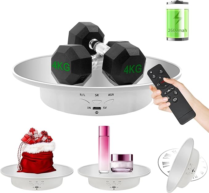 Motorized Rotating Display Stand, Mirror Covered 360 Degree Turntable Display Stand for Photography Products and Shows, Max Load 18Lb/ 7.87 inch Video Show, Battery/USB Power Supply (Remote