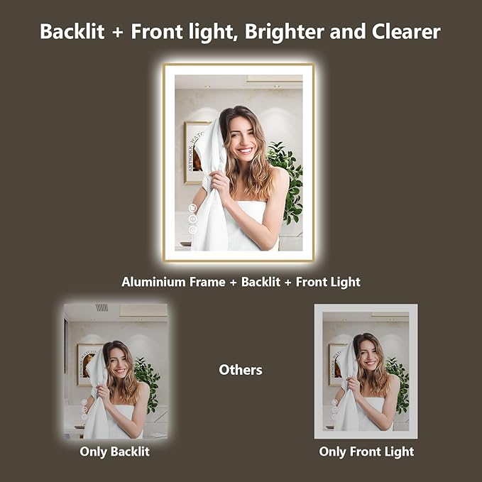 40x36 Inch LED Bathroom Mirror with Lights (Front Lit and Backlit) Gold Framed Lighted Vanity Mirror for Bathroom Wall Dimmable Anti-Fog Memory Tempered Glass Horizontal/Vertical