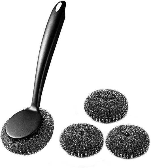 Steel Wool Dish Scrubber, Stainless Steel Scrubber Long Handle with Replacement Balls Ergonomic Design for Dishes, Pans, Grills, Stoves