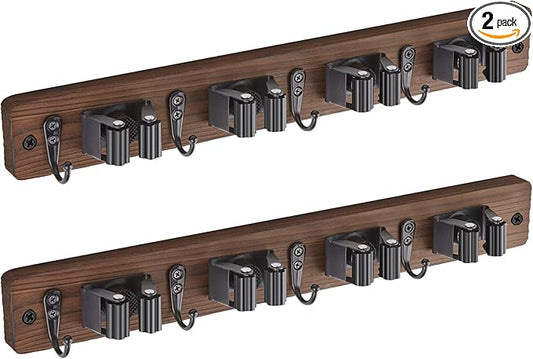 2 Pack Mop Broom Holder Wall Mount - Wood Broom Mop Hanger - Wall Mounted Garden Tool Rack Organizer for Closet Garage Laundry Room Farmhouse Rustic Kitchen Decor With 4 Slots & 4 Hooks