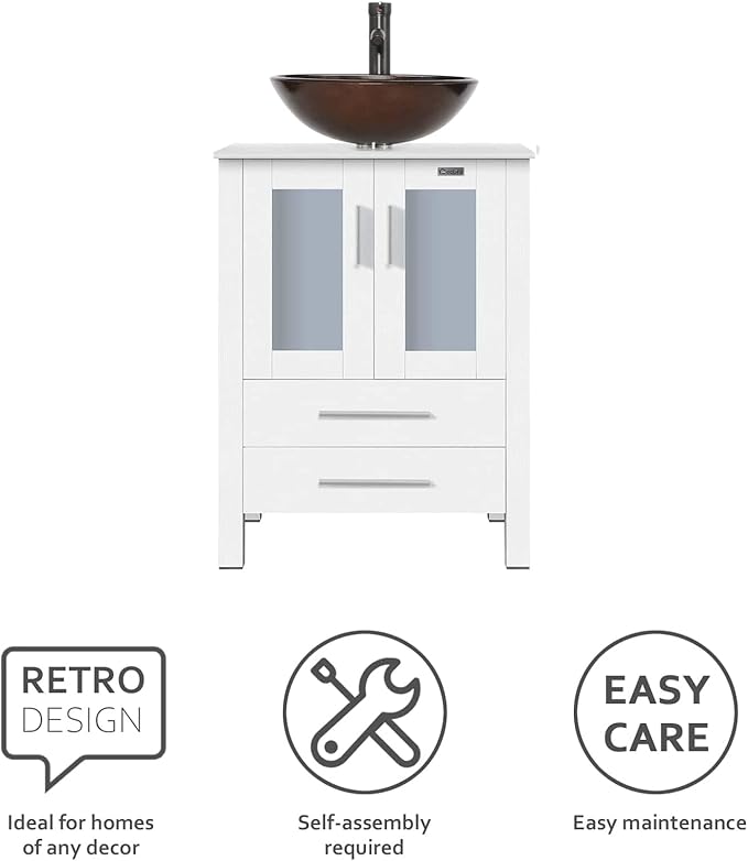 eclife 24" Modern Bathroom Vanity Sink Combo Freestanding Cabinet with Soft Closing Door, Brown Round Glass Vessel Sink, Water Save Faucet, Drain (White+A09)