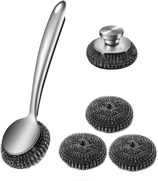 Steel Wool Dish Scrubber, Stainless Steel Scrubber Long Handle with Replacement Balls Ergonomic Design for Dishes, Pans, Grills, Stoves