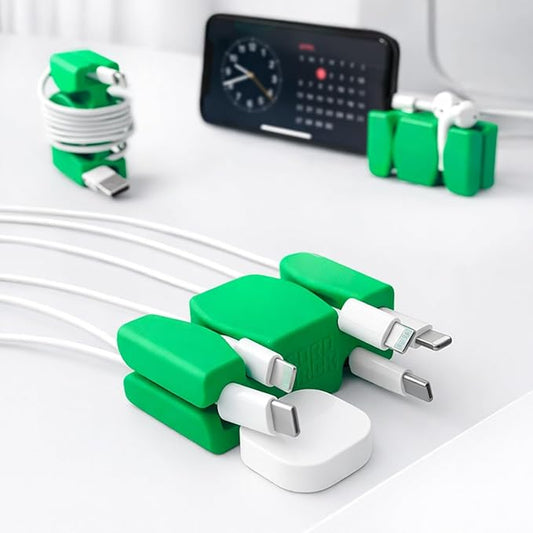 CordBrick Stocking Stuffers for Adults Cord Management Weighted Cord Holder Cable Wrap Phone Stand - Multiuse Gadget Organizer for Nightstand, Desk. Gift for Men, Durable Silicone. 6pk Green