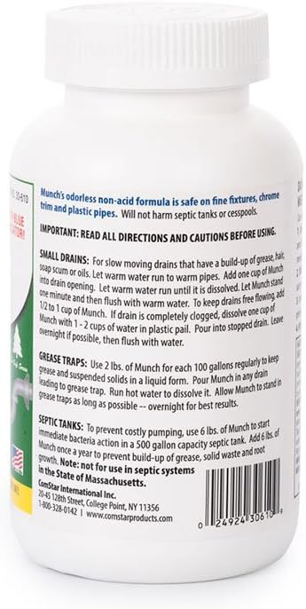 ComStar Munch, 1 Pound Industrial-Strength Bead Drain Opener with Blue Dye & Aluminum Chips, Clear Clogged & Slow Drains, Grease Traps, Septic Systems, Made in USA (30-610)