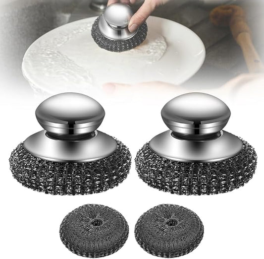 Stainless Steel Wool Scrubber with Handle,2025 New Steel Wool Scrubber with Handle,Replaceable Steel Brush Wool Pads,Detachable Metal Scrubber for Dishes,Iron Pots,Stoves (Scrubber Set/4pcs)