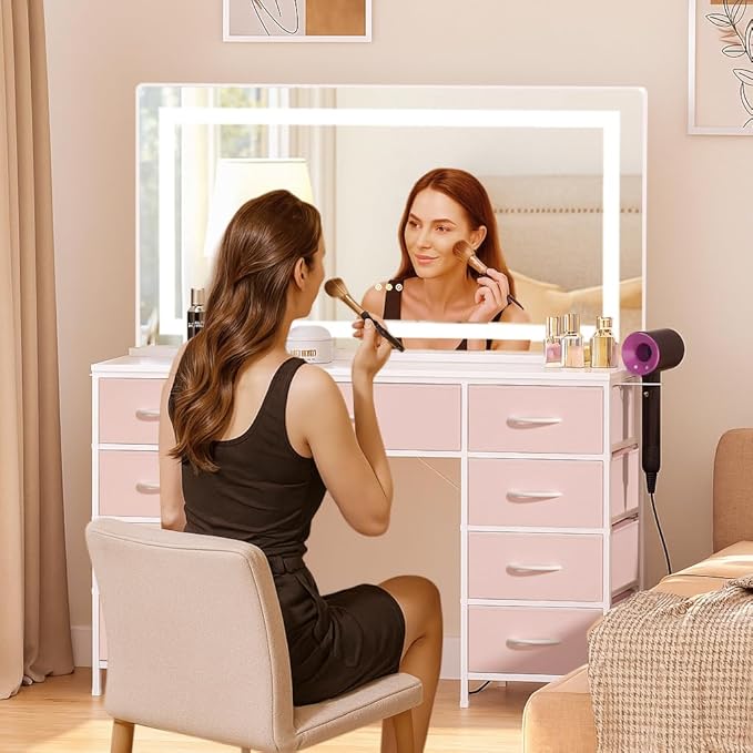 COMHOMA Vanity Desk with Large Mirror,LED and Power Outlet,Makeup Table with 9 Storage Drawersand HD Mirrors,3 Color Modes Adjustable Lighting for Bedroom Dressing Room (Pink, 47inch)