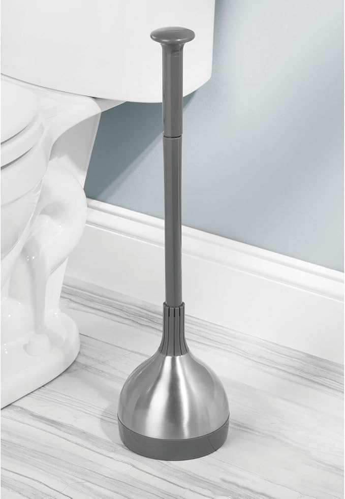 mDesign Bathroom Toilet Bowl Plunger Set with Lift & Lock Cover, Compact Discreet Freestanding Storage Caddy with Base, Modern Design - Heavy Duty Gray/Brushed Stainless Steel