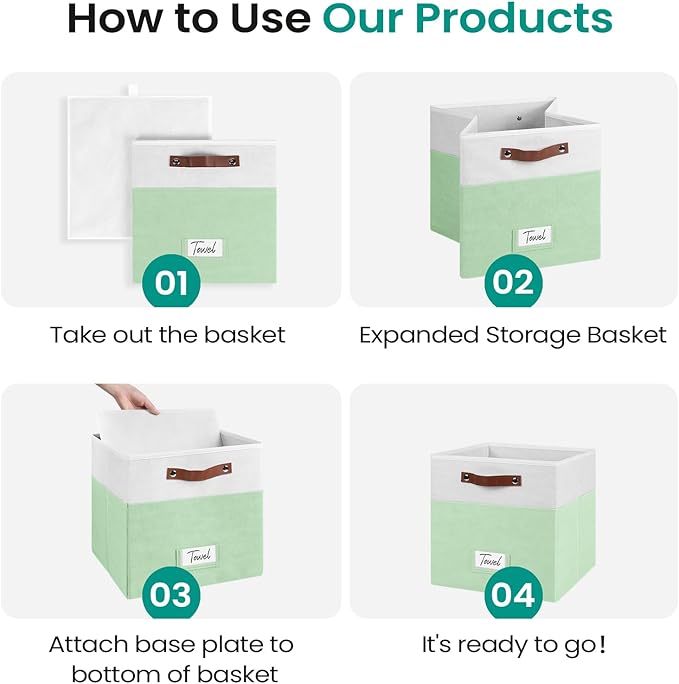 6-Pack Storage Cubes with Handles & Label Holders Basket, Closet Cube Home Organizer Bins(White/Green, 13 x 13 x 13 inch)
