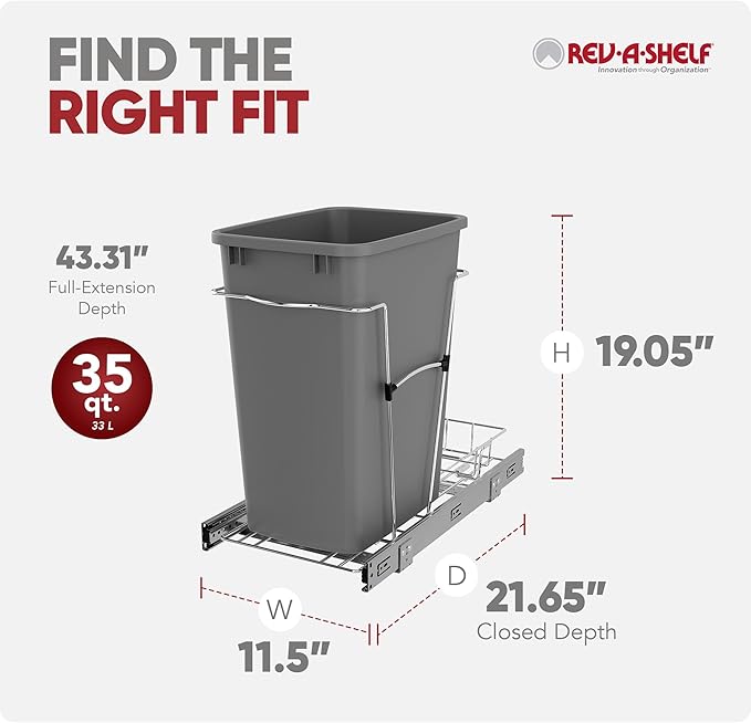 Rev-A-Shelf Pullout Trash Can for Kitchen Cabinets 35 Qt Garbage Waste Recycling Bin w/ Full Extension Slide, Metallic Silver, RV-12KD-17C S