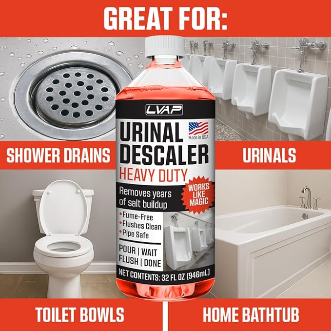 LVAP Heavy Duty Urinal Salt Remover – Made in USA – Commercial Grade Urinal Drain Cleaner & Odor Eliminator. Removes Salt, Calcium, Rust and Scale Build Up – 32 fl oz Bottles - 6 Pack