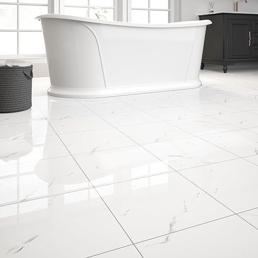 20-Pack Peel and Stick Floor Tiles Vinyl Floor 12 x 12 inch Self Adhesive Waterproof Glossy Flooring Planks DIY for Bathroom, Kitchen, Living Room, RV, Cover 20 Sq. Ft, Polish White Marble