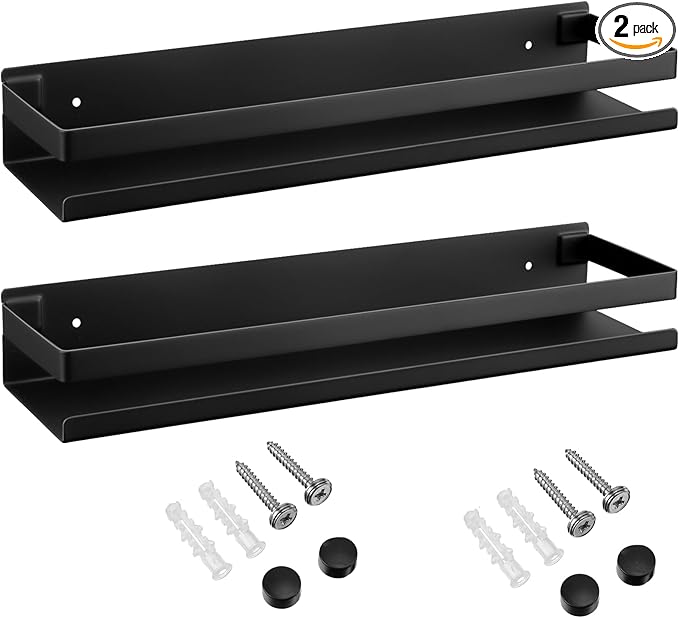 Lallisa 2 Pieces Stainless Steel Shelf Bathroom Shower Floating Shelves Wall Mounted Shower Caddy Basket Shelf Storage Organizer Shelves for Bathroom, Kitchen, Living Room(15.75 Inch/ 40 cm,Black)