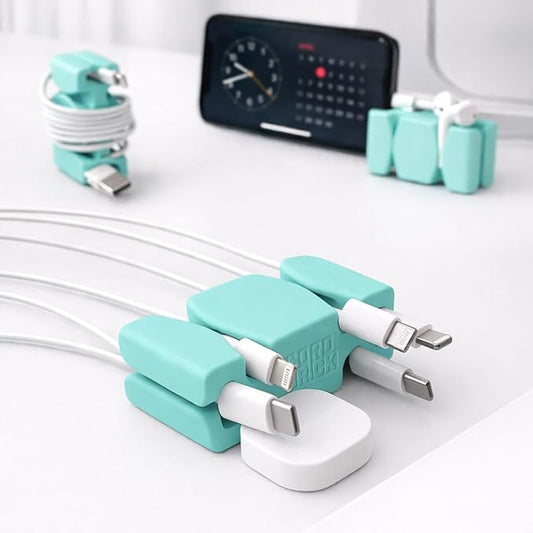 CordBrick Stocking Stuffers for Adults Cord Management Weighted Cord Holder Cable Wrap Phone Stand - Multiuse Gadget Organizer for Nightstand, Desk. Gift for Men, Durable Silicone. 2pk Aqua