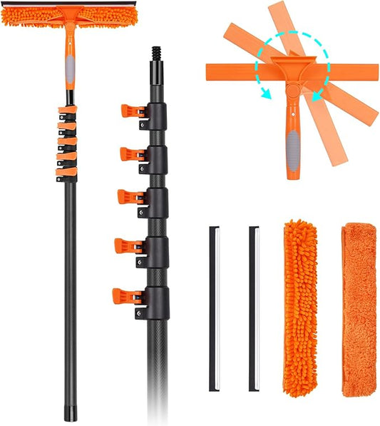 Window Washing Kit with Extension Pole 4.7 to 24FT, Long Squeegee for Window Cleaning Indoor Outdoor, Carbon Fiber Telescopic Pole for Window Cleaner Tool with Microfibre Pad & Chenille Cloth