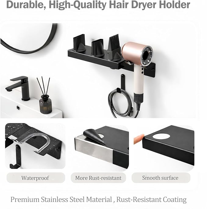 Hair Dryer Holder Wall Mount for Dyson, Blow Dryer Holder Compatible with Dyson Accessories, Stainless Steel Hair Dryer Stand Holds Up to 5 Attachments, Bathroom, Black