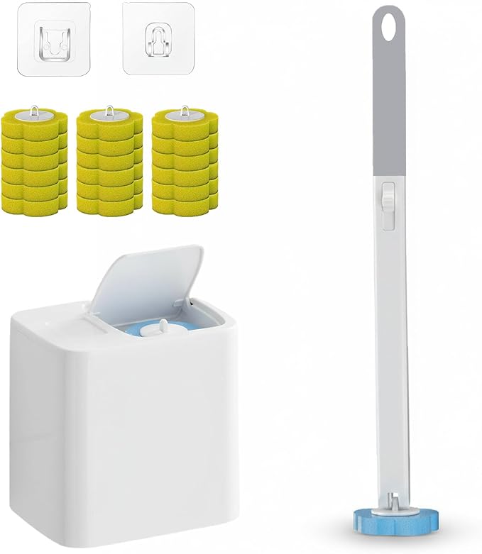 2026 New Disposable Toilet Brush, Disposable Toilet Cleaning System, Ocean/Lemon/Lavender 3 Aromatherapy, Includes Disposable Cleaning Stick, Storage Box and Scented Refill Tabs (Grey-Lemon*18)