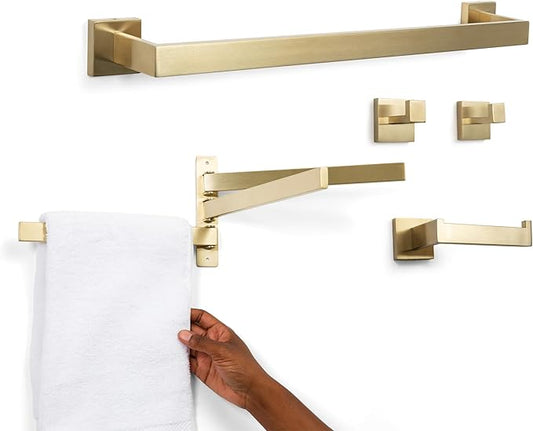 5-Piece Bathroom Hardware Accessory Set with Swivel Towel Rack, Modern 23-Inch Towel Bar Set Wall Mounted, Heavy Duty Stainless Steel Bathroom Accessories (Gold)