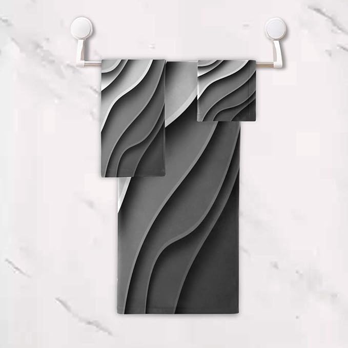 Black and Grey Stripes Bath Towels Set,Ultra Soft 3 Piece Modern Abstract Beach Waves Towels for Bathroom,1 Bath Towel 1 Hand Towel 1 Washcloth,Absorbent Quick Dry Decoractive Bathroom Towels