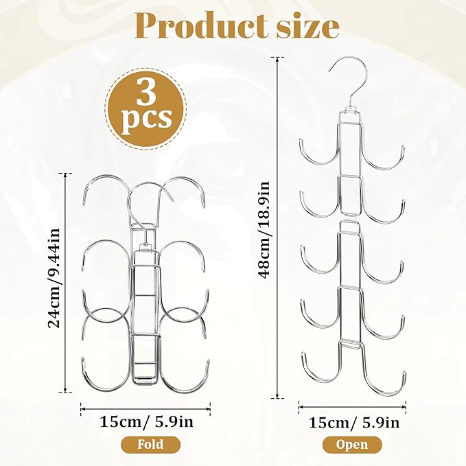3Pack Purse Organizer for Closet, Stainless Steel Purse Holder Bag Hanger, Hanger Rack Space Saver with 10 Big Hooks for Handbags Belt Scarves Organizer&Display, 360 Degree Rotation