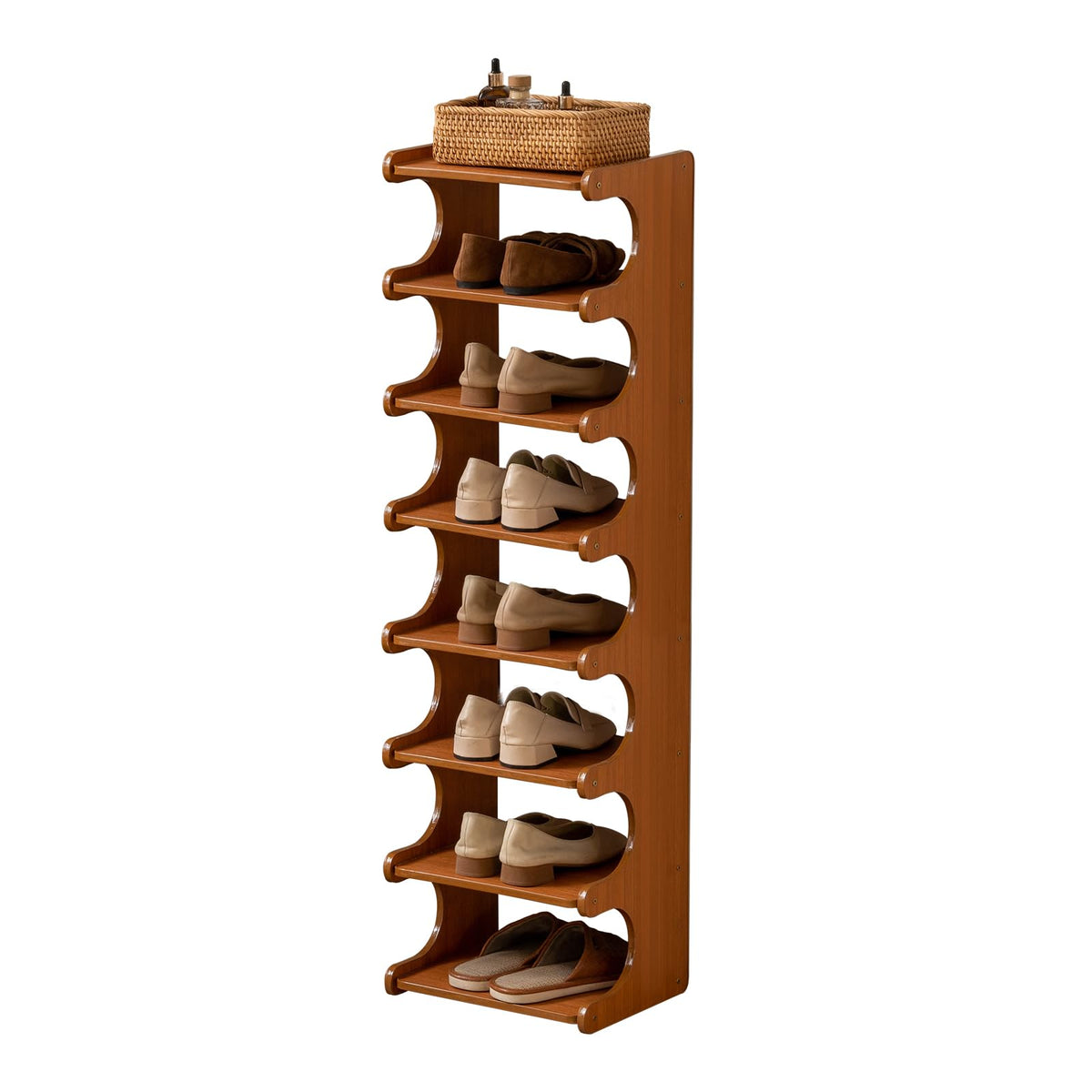 8 Tier Narrow Vertical Wood Shoe Rack, Sturdy Multi-Layer Wood - Image 1