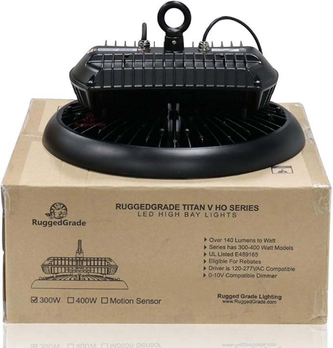 RuggedGrade 150W - Titan V HO Series LED High Bay UFO Light/M-Sensor - 56,000 Lumens - High Voltage 277-480V - 5000K Bright White - Wattage Selectable 150W/120W/100W - Outdoor Light - DLC 5.1 Premium