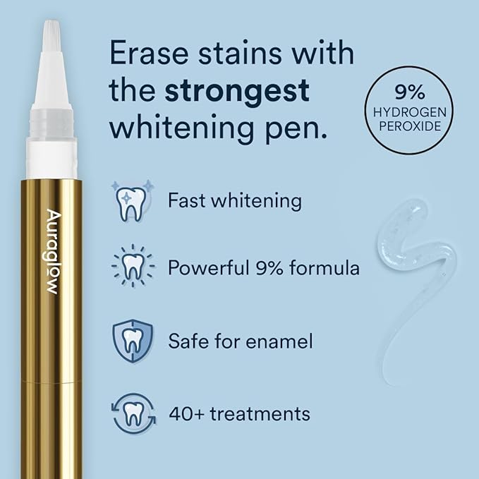 Auraglow Teeth Whitening Pen – Extra Strength 9% Hydrogen Peroxide, 40+ Treatments, No Sensitivity, Removes Coffee Wine Tea Stains, Whiten Teeth Fast, Enamel Safe, Made in USA, 4mL