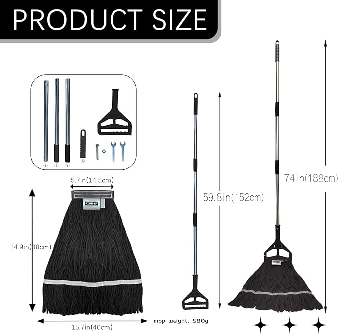 Commercial Cotton Mop Heavy-Duty Industrial with 2 Replacement Heads 152 cm Handle Replacement mop Head (Black)