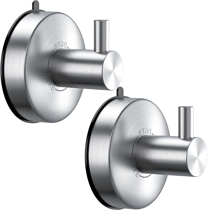 DGYB Suction Cup Hooks for Shower Brushed Nickel Bathroom Hooks Suction Set of 2 Removable Wall Hook for Hanging Towels, Robe, Loofah, Coats
