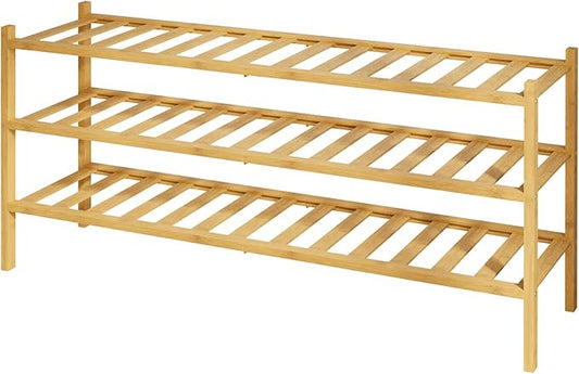 Kitsure Bamboo Wooden Shoe Rack for Closet - Stackable Shoe Organizer with Modular Structure, Space-Saving Shoe Shelf for Entryway, Living Room, Bedroom, 32.7" Wide - 3 Tiers, Natural