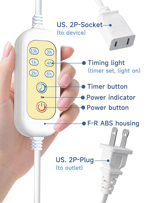 Extension Cord with Timer - x1, (Only auto-Off, Not self-Startup), 6 Options Timer Outlets for Electric Wax Warmer, Christmas Lights, Floor Lamps, Reading Lamp, Phone Chargers