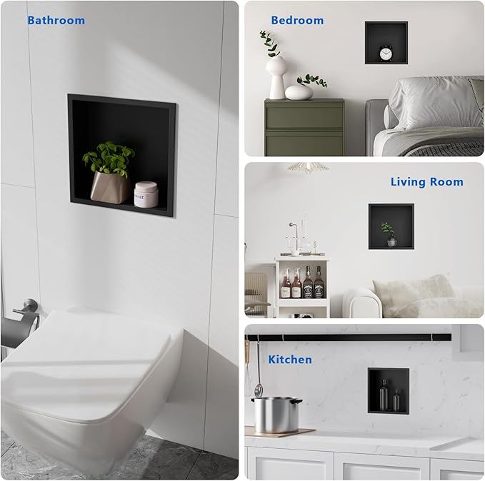 QAOYEDE Stainless Steel Shower Niche No Tile Needed 12"x12", Matte Black Niche for Shower, Recessed Showers Shelf for Bathroom Storage