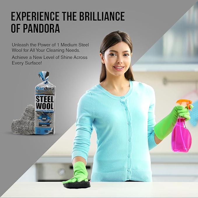 Pandora Steel Wool #1 – Medium Grade, 240 Pads for Cleaning and Preparing- Metal Strands - Ideal for Linoleum Floors, Bowling Balls, and Shoe Soles