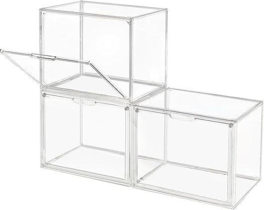 Clear Stackable Plastic Storage Bins with Magnetic Lid, Dustproof Book & Cosmetic Acrylic Display Cases, Large Figures Collectibles Showcase, Shoe Box, Protection Organizer (L, Count, 3)