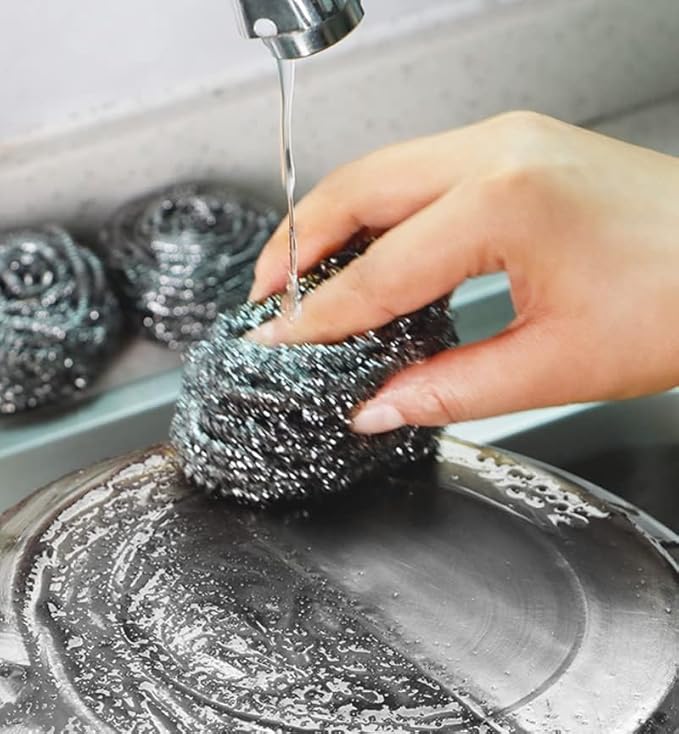 Stainless Steel Wool Scrubber(Pack of 12 Metal Sponges)for Baked-On Messes,Long Lasting & Rust Free Scouring Pads,Multi-Purpose Heavy-Duty Tough Cleaning for Uncoated Cookware/Cast Iron/Pot/Dish/Sink