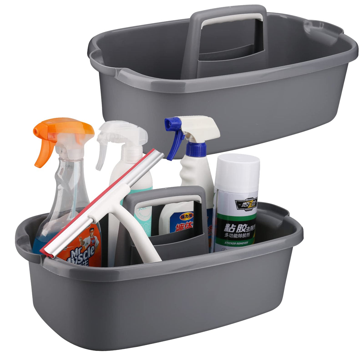 Cleaning Caddy Organizer with Handle, Gray Plastic Bucket - Image 1