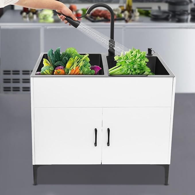Laundry Sink with Cabinet, Utility Room Stainless Steel Sink with Pull-Out Faucet Dual Bowls, Freestanding Kitchen Bathroom Laundry Tub with Cabinet 31.89x16.93x30.71in(White)