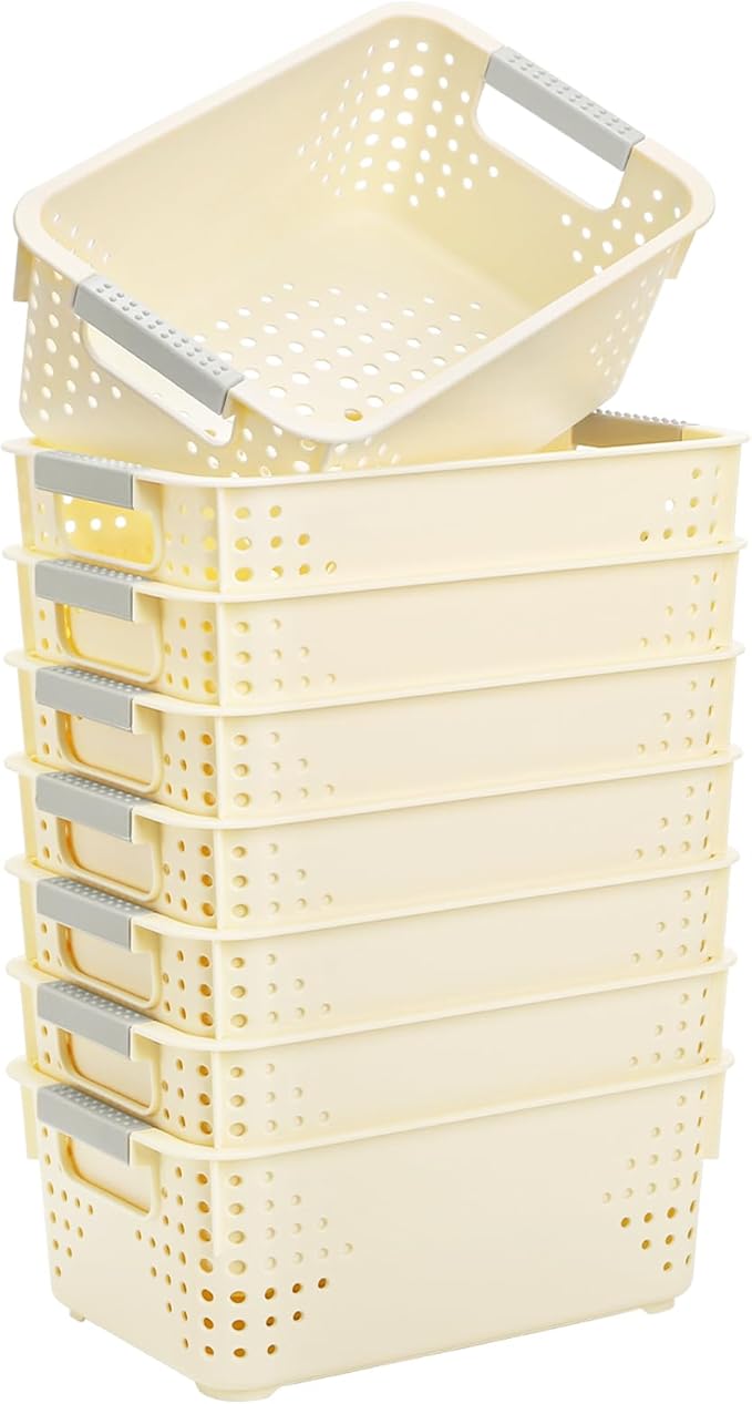 Frcctre 8 Pack Plastic Storage Baskets, Small Pantry Organizer Basket Bins Household Organizers with Handle for Kitchen Cabinet Countertop Bedroom Bathroom, 9.8"L x 6.5"W x 3.9"H, Off-white