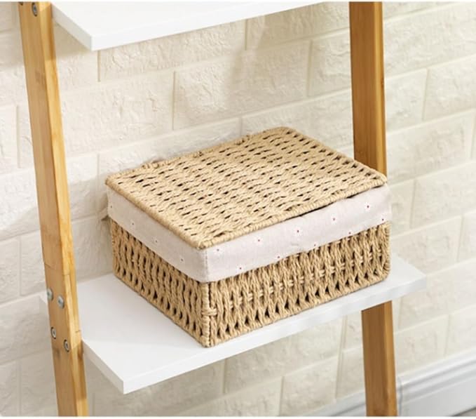 Wicker Shelf Basket with Lid Paper Storage Baskets for Shelves Medium Storage Bin with Removable Liner Nesting Decorative Woven Basket for Makeup Closet Organizer (Medium, Khaki)