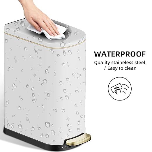 2.6 Gal Stainless Steel Trash Can with Soft Close Stay Open Lid, Small Rectangular 10L Waste bin for Narrow Space, Waterproof, Odor Protection, White