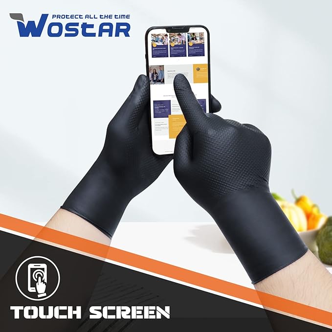 Wostar Black Nitrile Industrial Gloves Large 8 Mil Raised Diamond Texture Latex & Powder Free Heavy Duty Gloves 100 Count