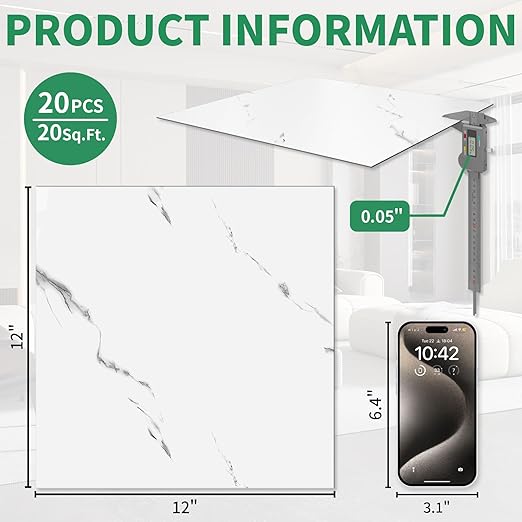 20 Pack Cover 20 Sq.Ft Peel and Stick Floor Tiles, 12” x 12” Self Adhesive Vinyl Flooring Easy DIY Installation for Kitchen, Living Room, Laundry, RV, Matte White Vein Marble
