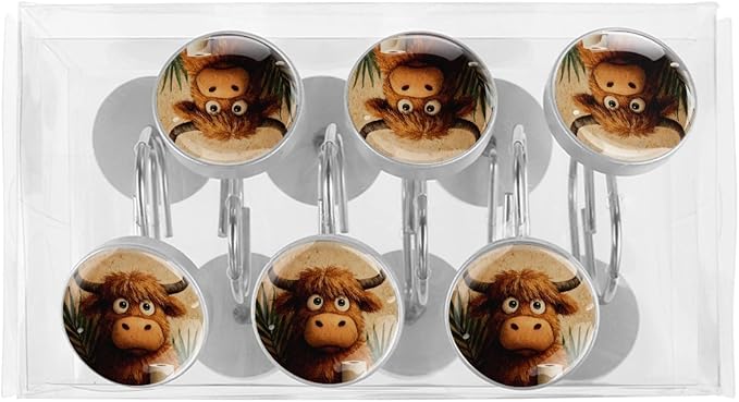 12 Packs Retro Cute Highland Cow Shower Curtain Hooks, Stainless Steel Glass Shower Curtain Rings for Bathroom Decor, Metal Rustproof Curtain Rod Hooks