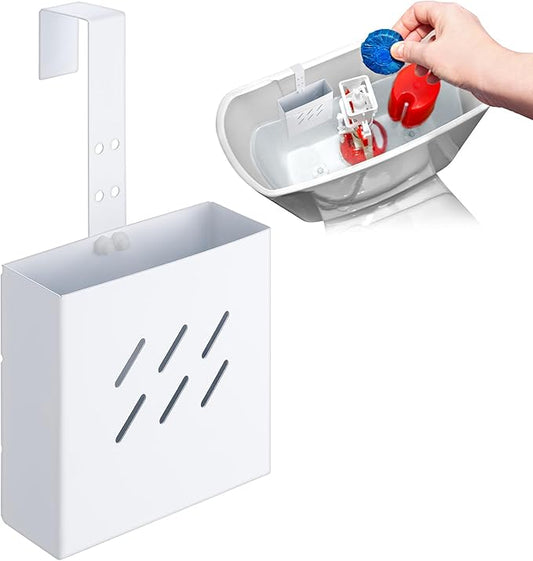 Honeydak 1 Pcs Large Size 4.33 x 4.33 x 1.38 Inch Stainless Steel Toilet Tank Cleaning Tablet Holder with Adjustable Hook to Hang Toilet Cleaner Box (White)
