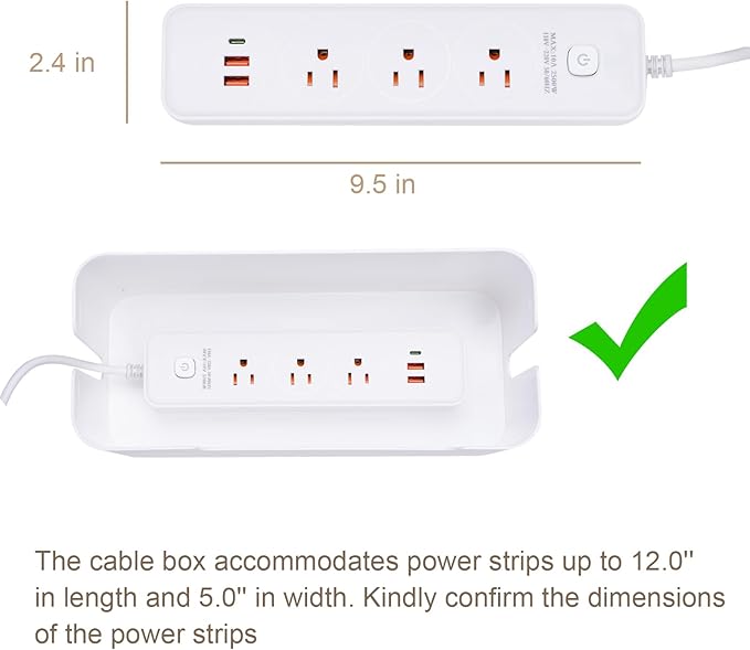 Cable Management Box, Premium Cord Organizer Box to Hide Surge Protector on Desk, Power Strip Cover for TV Computer Home Router Office (White)