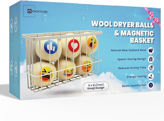 Emoji Wool Dryer Balls with Magnetic Dryer Ball Holder for Laundry Room Organization and Storage – 6 XL Reusable Wool Balls for Dryer with Fun Emoji Design to Make Laundry More Enjoyable