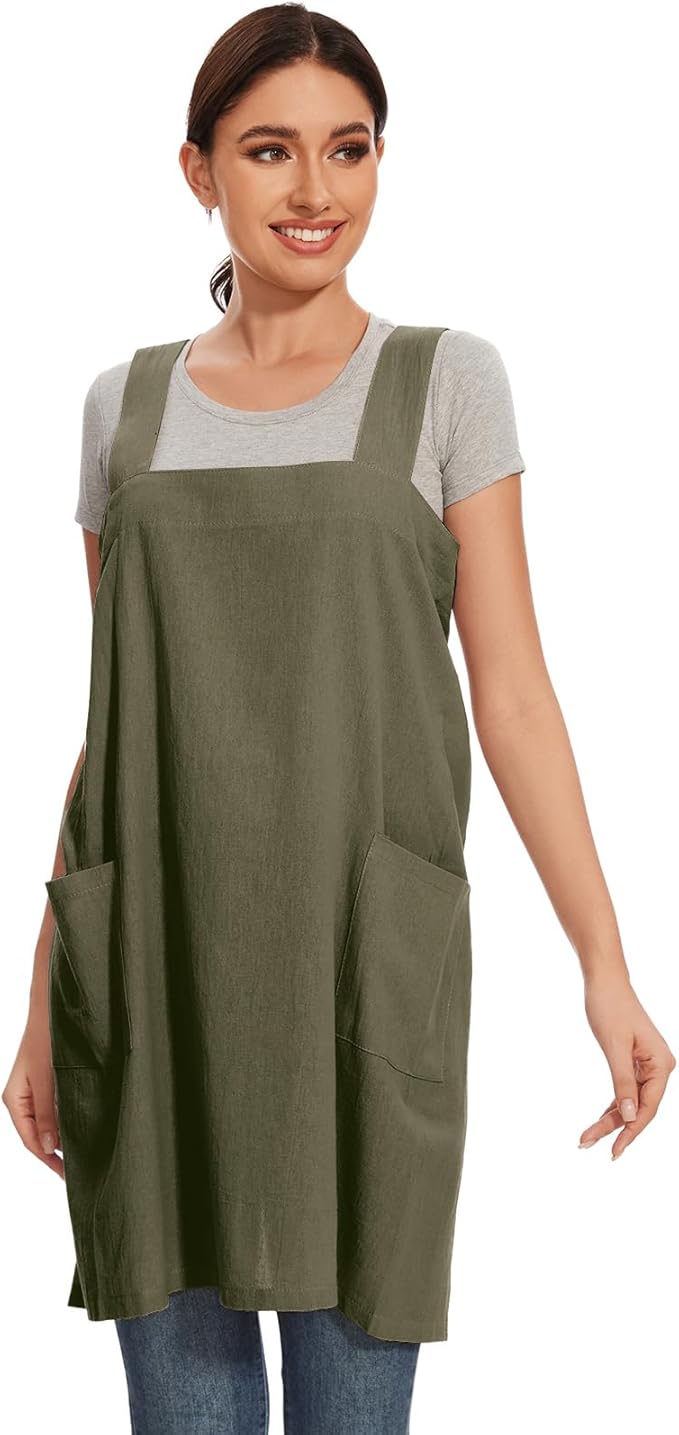 Women Apron with 2 Pockets Cotton Linen Kitchen Baking Cooking Chef Cross Back Pinafore Dress